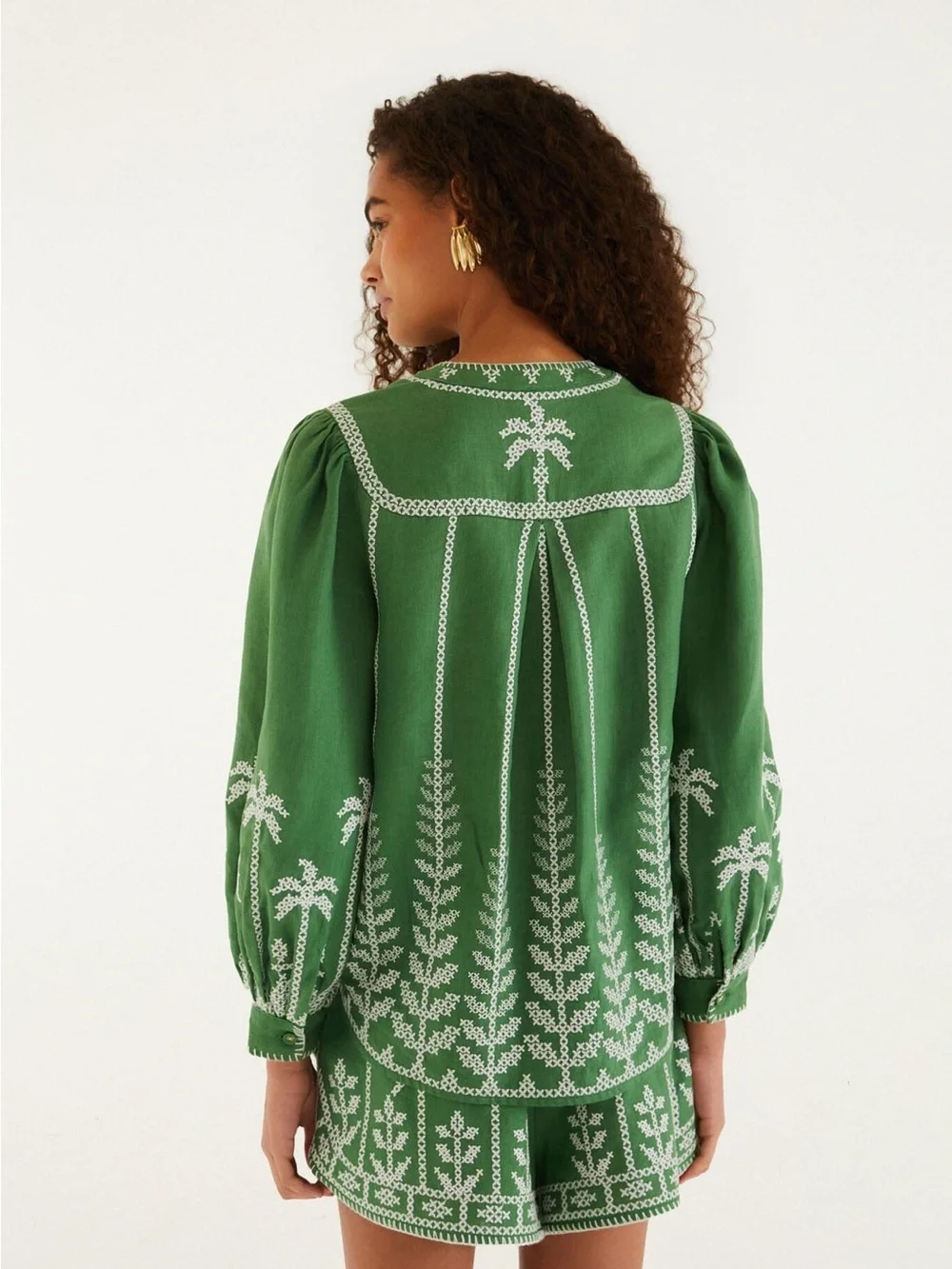FARM Rio Bicolor Cross Stich Embroidery Blouse Long Sleeve Green XS NWT